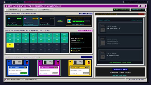 Retro Computer Data Backup Software Interface Archiving Files to Floppy Disks