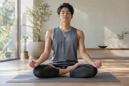 男性がヨガマットの上で瞑想座り集中力を高める