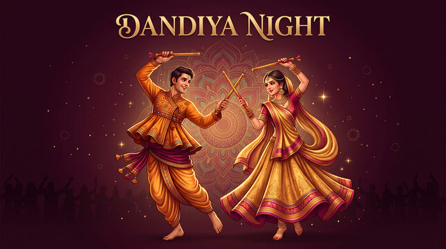 Garba Dance Celebration During Navratri Festival A man and woman dancing with sticks during a cultural celebration