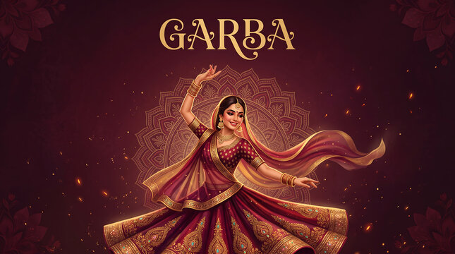 Garba Dance Celebration During Navratri Festival Woman in traditional indian attire dancing against a decorative