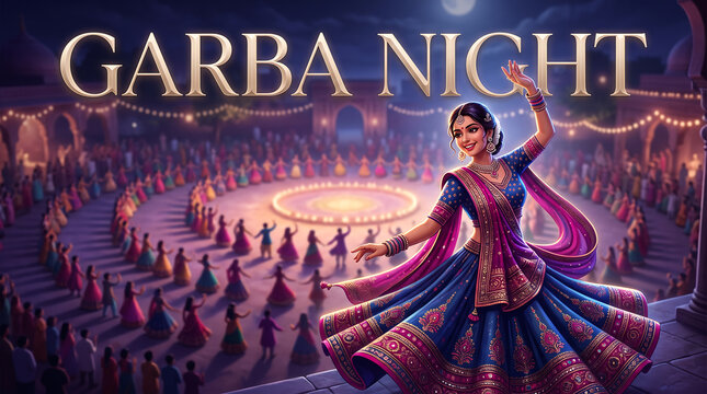 Garba Dance Celebration During Navratri Festival Woman dancing in traditional attire at a night celebration