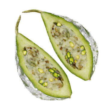 Parwal mithai sliced lengthwise into two halves with candied pale green shell revealing filling on transparent background