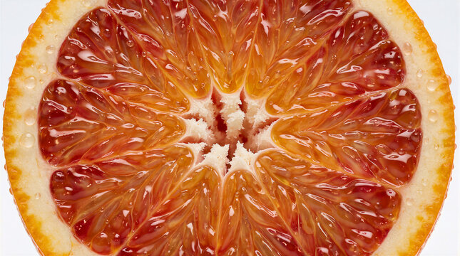 Blood orange half macro showing glistening juice vesicles and vibrant red citrus pulp patterns