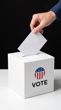 Person inserting a ballot into a white voting box