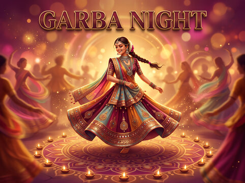 Garba Dance Celebration During Navratri Festival Woman in traditional indian clothing dancing at a celebratory night