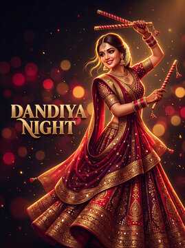 Garba Dance Celebration During Navratri Festival Woman in traditional attire dancing with sticks during night festival