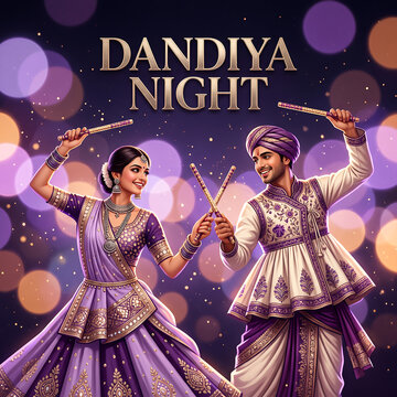 Garba Dance Celebration During Navratri Festival A man and woman dancing with sticks against a purple bokeh background