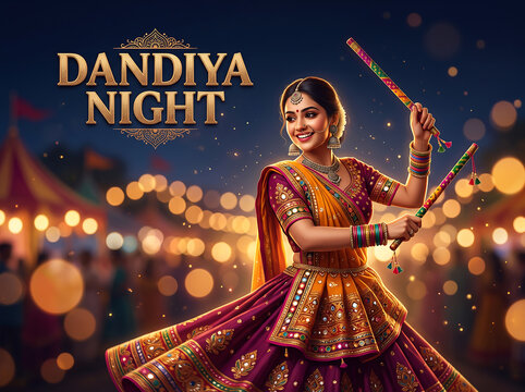 Garba Dance Celebration During Navratri Festival A woman in traditional attire dancing with sticks at night