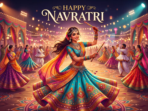 People in traditional clothing dancing garba at a night festival
