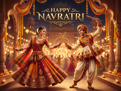 Garba Dance Celebration During Navratri Festival Couple dancing traditional folk garba with sticks in decorated hall