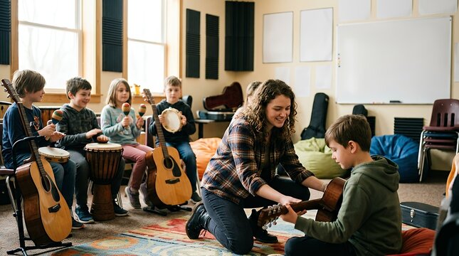 Professional instructor guiding students during an interactive indoor music workshop featuring acoustic guitars and percussion instruments young musician teaching students indoor classroom music