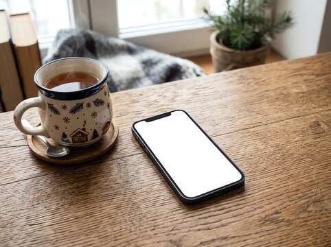 Cozy Desktop Scene with Smartphone and Hot Beverage