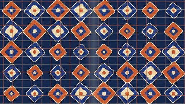 Animated Indonesian ikat weaving pattern with terracotta and indigo threads interlacing