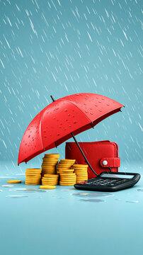 A red umbrella shelters stacks of gold coins, a wallet, and a calculator from falling rain on a reflective surface.
