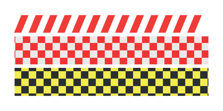 Set of three decorative hazard warning caution tapes with red diagonal stripes and red and yellow checkered patterns
