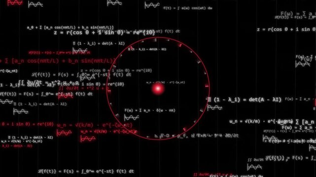 Red glowing sphere surrounded by complex mathematical equations and physics