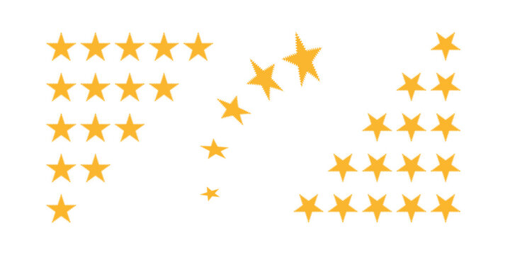 A graphic collection of golden yellow five stars customer feedback review icons