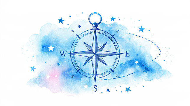 A watercolor illustration of a vintage compass rose surrounded by blue stars and abstract clouds, blending navigation and artistic design.