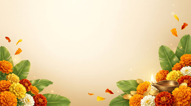 Marigold flowers and oil lamp on a decorative festive background