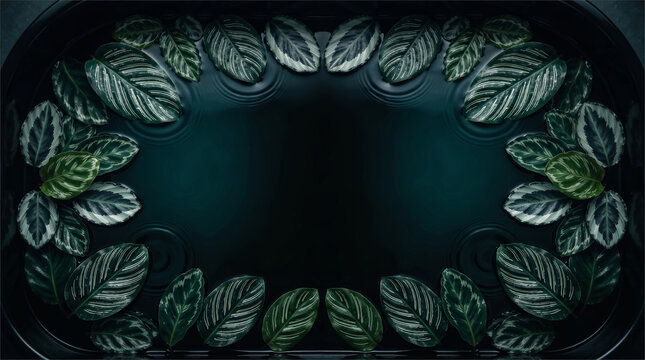 Oval ring of striped calathea leaves on dark green water