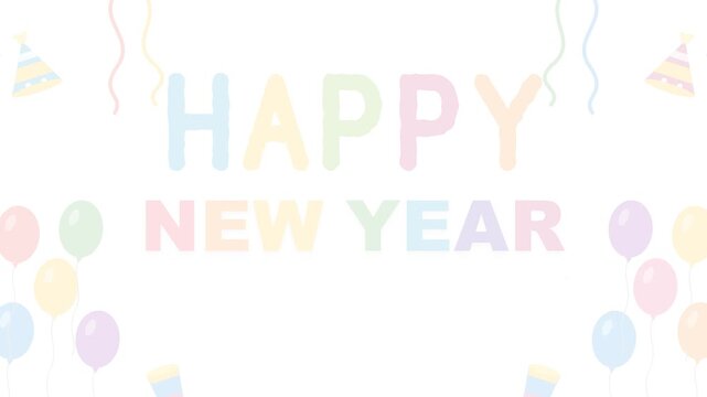 Happy New Year greeting card illustration. Features pastel colored typography with floating balloons, party hats, and confetti streamers. Festive holiday design for invitations and social media.
