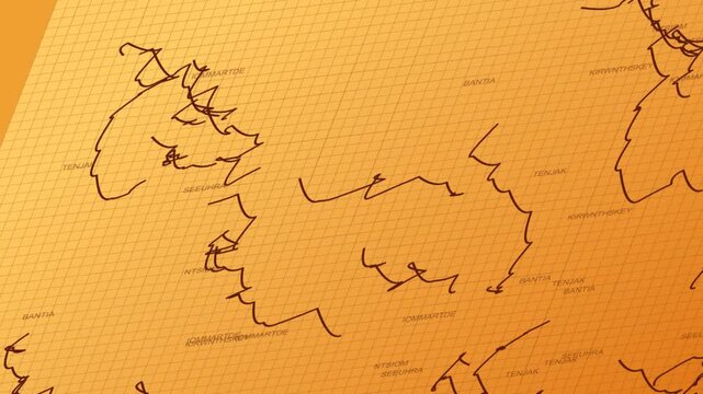 Detailed futuristic fantasy world map illustration on orange grid parchment paper with mysterious handwritten labels
