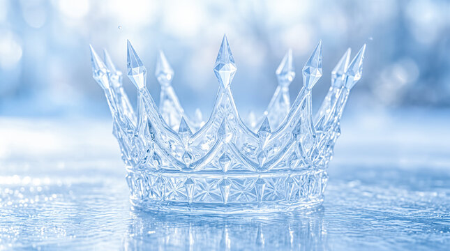 Ornate royal crown carved completely from transparent frozen ice resting quietly upon wet slippery glacier floor against blurred winter background