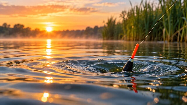 Fishing float bobbing on a calm lake at sunset among reeds. Freshwater angling and outdoor recreation. Peaceful nature escape and fishing lifestyle. Lakeside leisure and sport