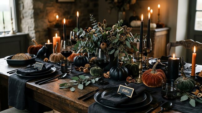 Elegant Halloween Table Setting with Pumpkins and Candles