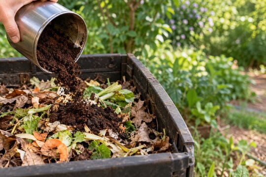 Person pouring used coffee grounds into an outdoor garden compost bin, sustainable gardening and eco-friendly zero waste concept