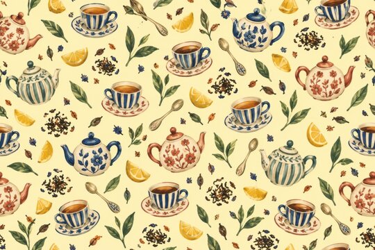 Seamless gouache painted pattern with vintage teapots, teacups, botanical leaves, and fresh lemon slices