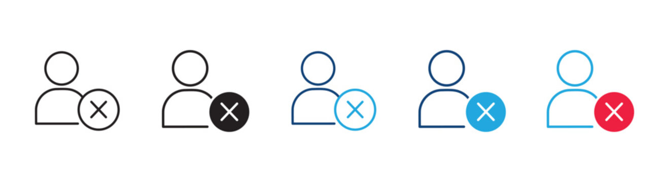 User delete icon set in line art style with remove cross badge vector graphic for account management app interface
