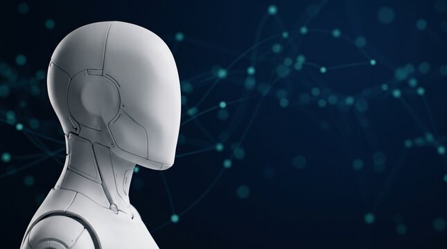 White humanoid robot head in profile with smooth faceless design against dark blue background with glowing teal network nodes, artificial intelligence and digital transformation concept with copy spac