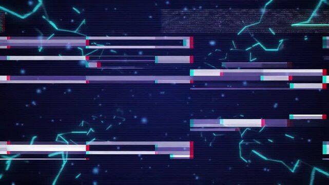 Glitch lines display digital artifacts and data corruption on a dark blue background.