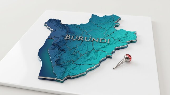 A 3D map of Burundi with a red pin on a white background