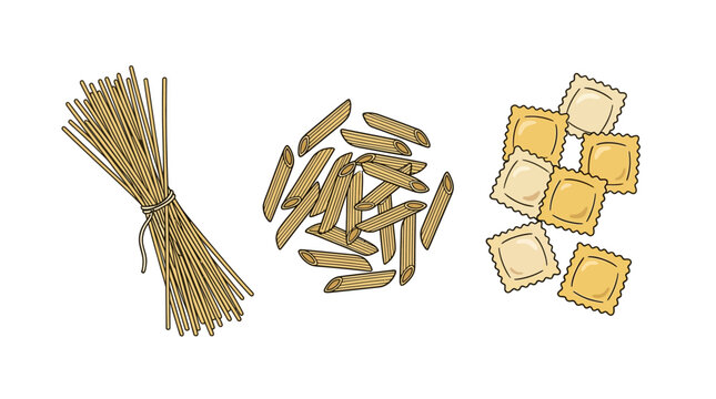 Dry pasta trio shows tied spaghetti bundle, loose penne pieces, and square ravioli on a white surface.