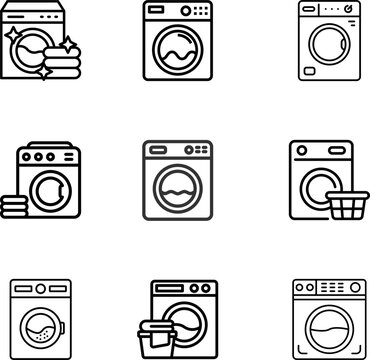 Laundry service, washing machine, laundry basket and clothes drying line vector icons set