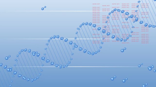 Glowing blue dna strands rotating gracefully against abstract digital background with data hex codes displayed above