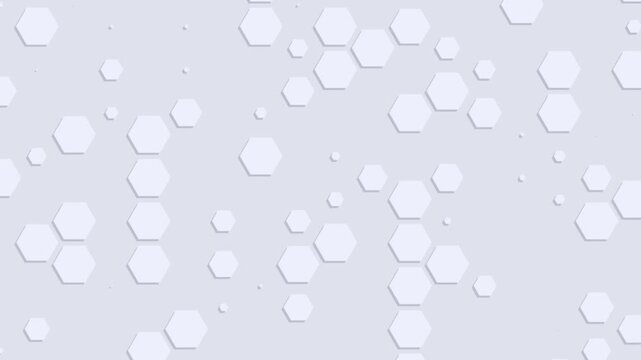 Abstract geometric white hexagons moving and shifting smoothly across minimalist light grey background display panel