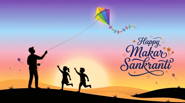Happy Makar Sankranti Family Silhouette Flying Rainbow Kite Banner