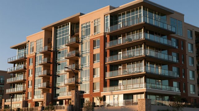 A modern apartment building with glass balconies and brick facade, set against a clear blue sky.