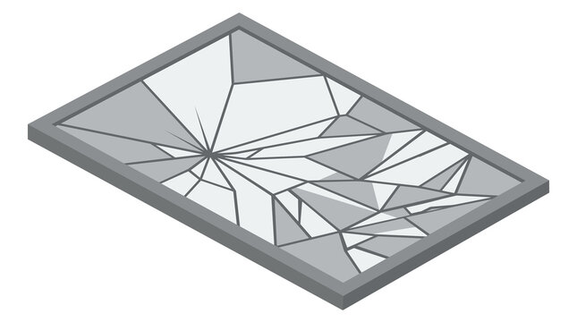 Isometric vector illustration of a shattered rectangular glass pane or mirror within a gray frame, featuring sharp cracks and broken fragments on a clean white background.