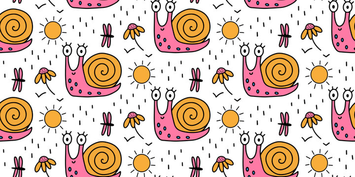 Pattern seamless cute pink snails with spiral shells sunny flowers and playful garden elements in colorful doodle illustration on white background