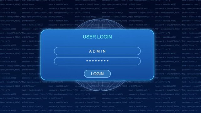 Glowing digital user login interface appearing on dark blue background screen with code lines
