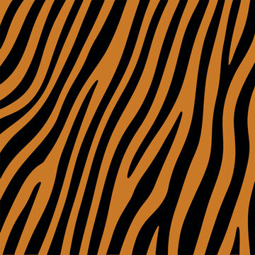 Tiger skin pattern with black and orange diagonal stripes. Seamless orange and black tiger fur texture illustration. Vibrant tiger stripes animal skin print vector pattern. 