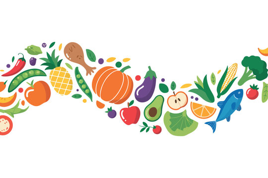 Healthy food banner with fresh fruits, vegetables, fish, and chicken vector illustration. Seamless wave border of organic fruits, fresh vegetables, and healthy protein vector. 