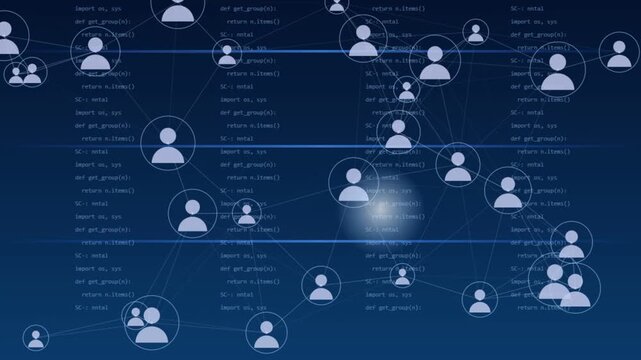 Digital network connections linking user profile icons across blue background with programming code visible everywhere