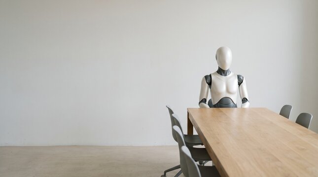 Humanoid robot seated at head of long wooden meeting table with empty gray chairs in minimalist office room, future of work and artificial intelligence concept with copy space