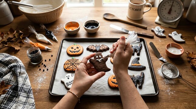 Hands decorating Halloween cookies with royal icing on a wooden table