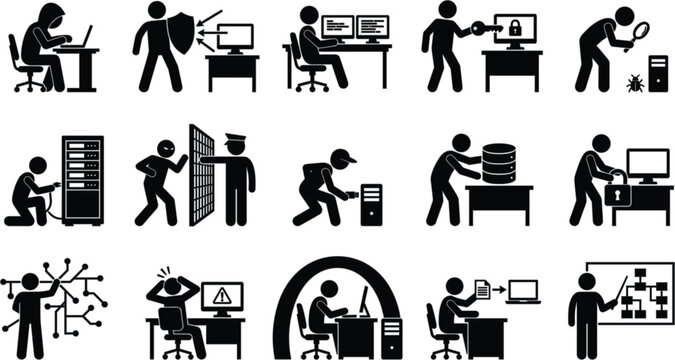 Set of cybersecurity and information technology icons featuring hackers, network security, data protection, and computer maintenance